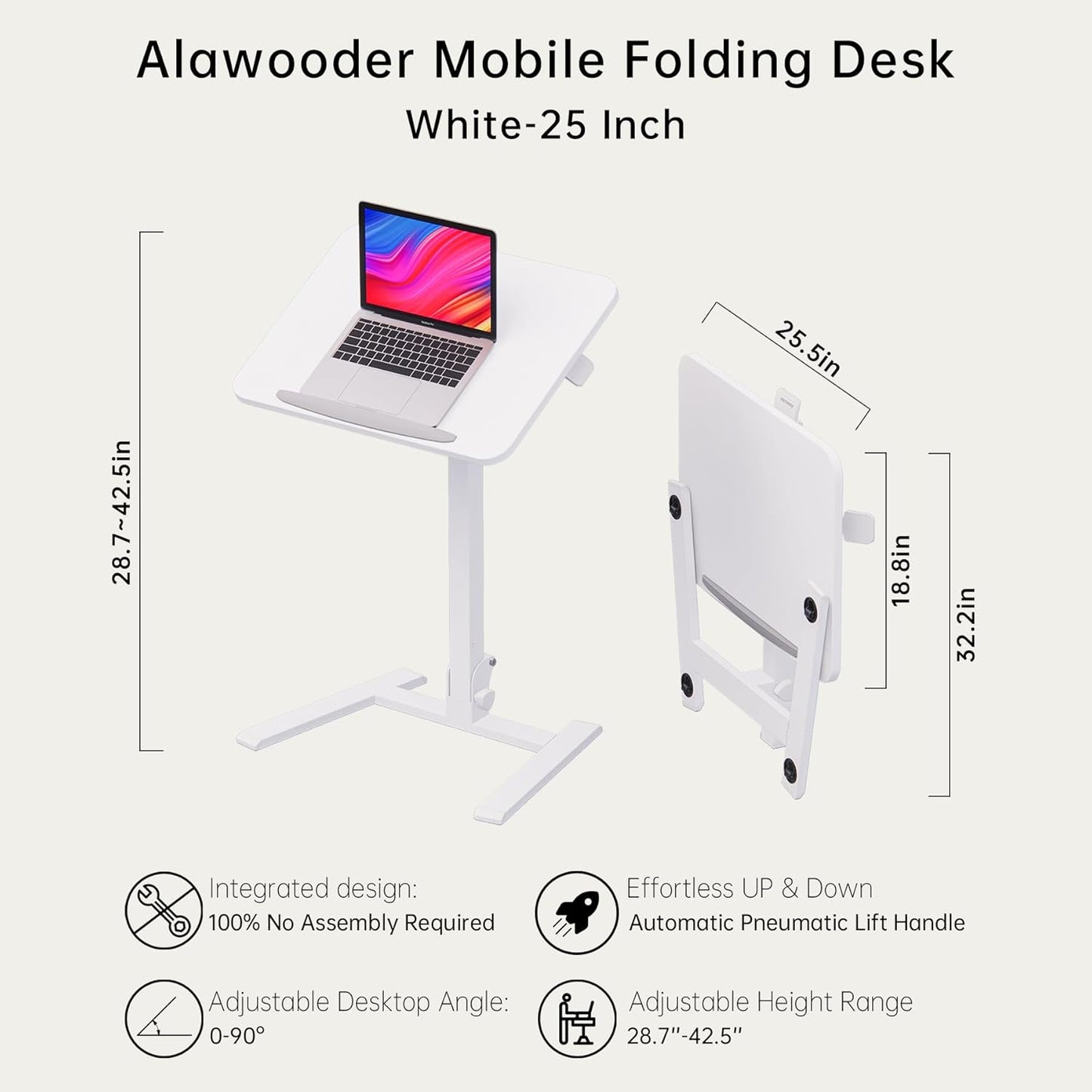 alawooder 25 Inch Mobile Folding Desk - No Assembly, Pneumatic Sit-Stand, 29-42" Height Adjustable Rolling Laptop Desk with Hidden Wheels, 0-90° Tilt Top for Home Office, Craft & Study