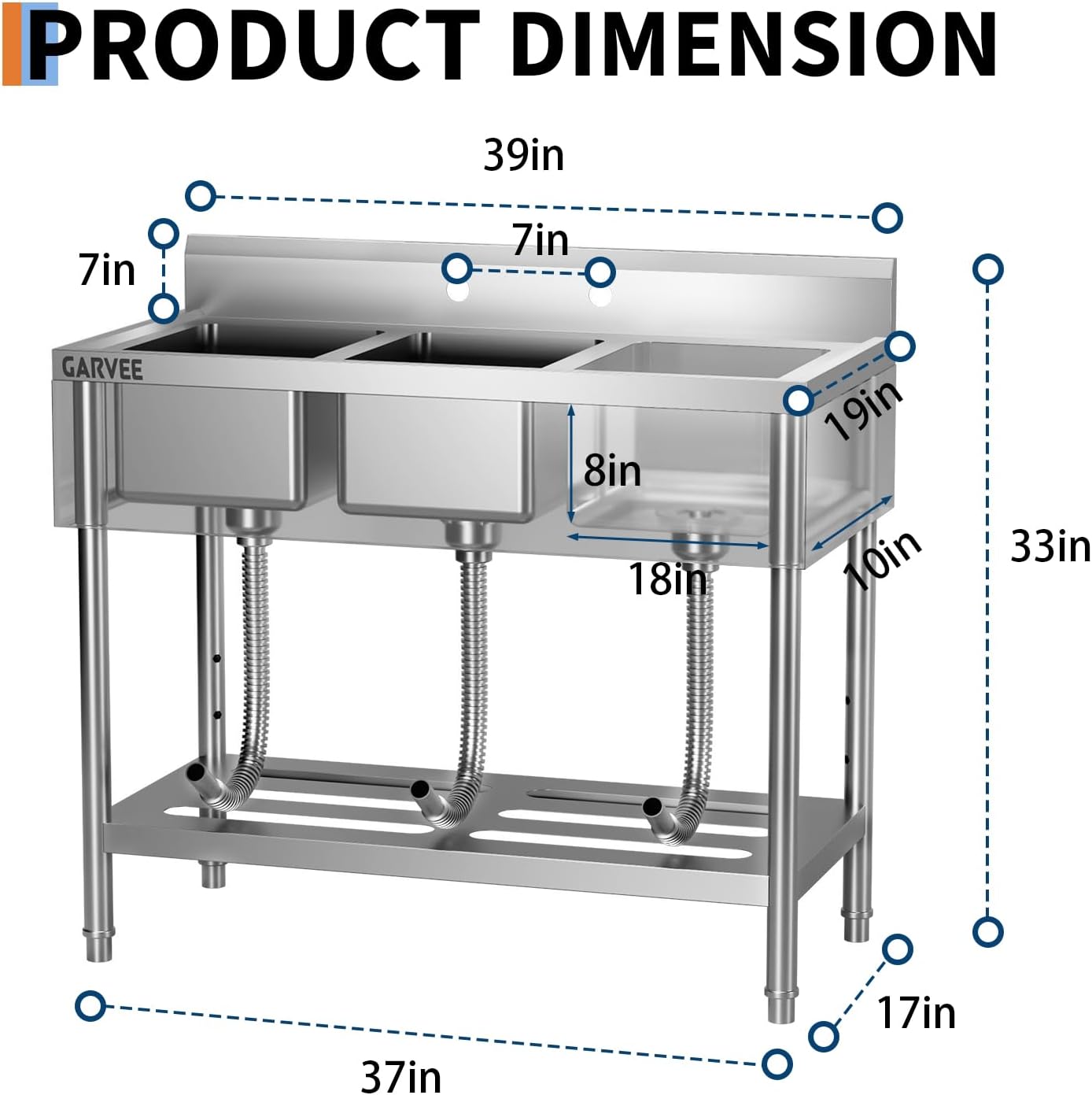 Utility Sink, Freestanding 3 Compartment Sink(18" x 10" x 8"), Stainless Steel Commercial Restaurant Sinks, Laundry Tub with 2 Pre-Drilled Faucet Holes(39" x 13" x 33")