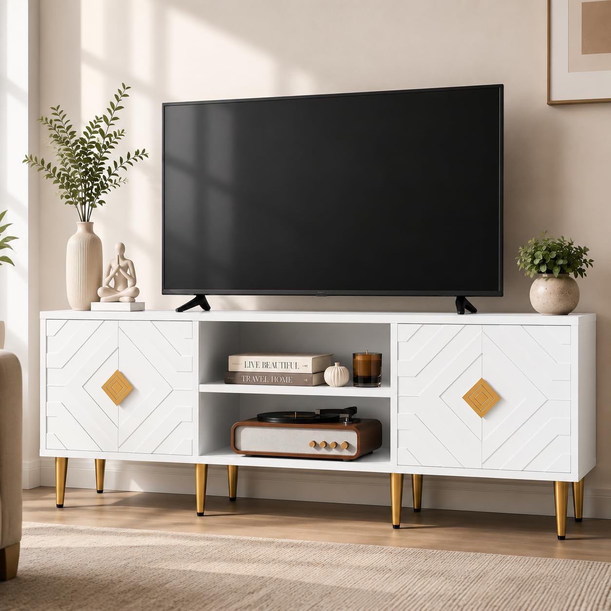 HLR 63'' White TV Stand for 65/70/75 inch TV, Entertainment Center with Storage Cabinets and Embossed Pattern Doors, Mid Century Modern Media TV Console Table for Living Room Bedroom