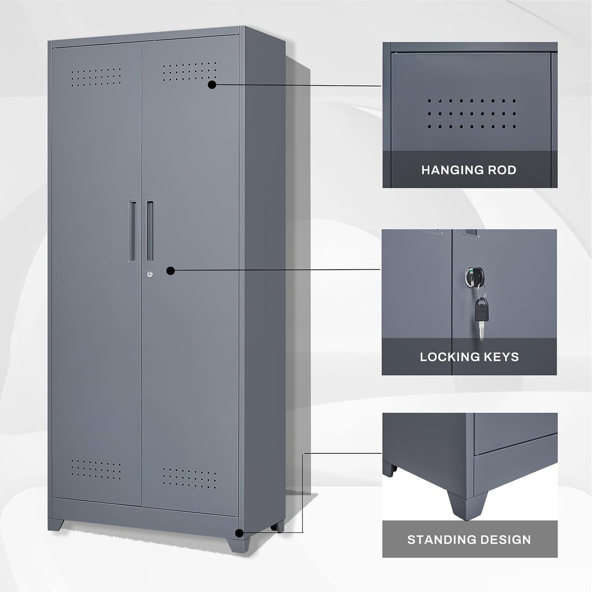 LUCYPAL Metal Storage Cabinet with Locking Doors,72.8" H Broom Closet Storage Cabinet with Shelves and Haging Rods,Garage Storage Cabinets for Kitchen,Utility Room,Grey
