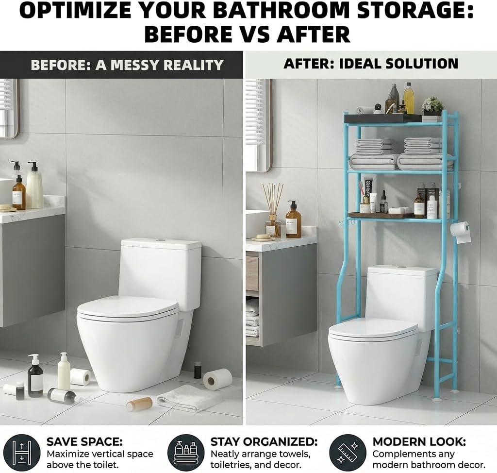 GloTika 3-Tier Over Toilet Storage with Anti-Tilt Safety System - 150lb Total Capacity Metal Bathroom Shelves Including Paper Holder & 4 Hooks, Space Saving Above Commode Organizer (64" H, Blue)