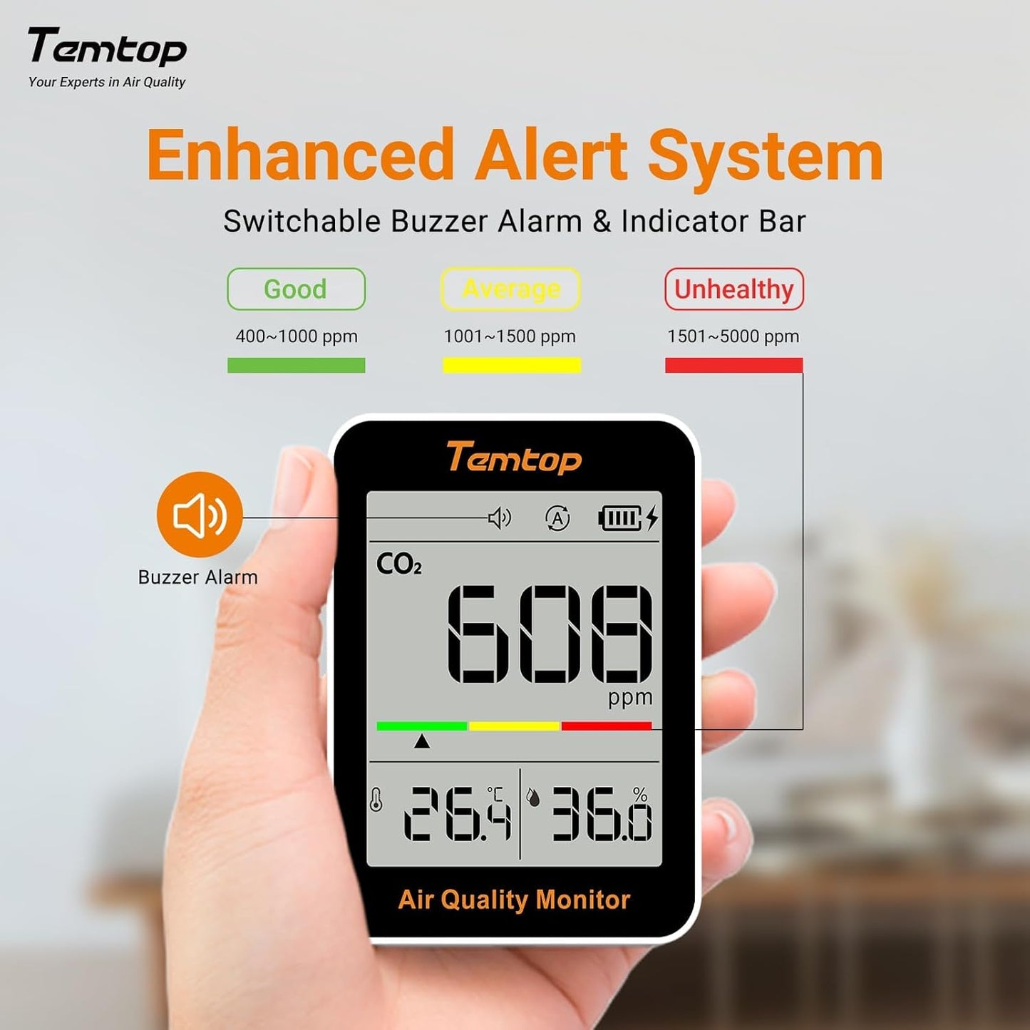 Temtop CO2 Monitor Indoor air Quality Monitor Portable CO2 Meter, CO2, Temperature, Humidity Home, Office or School