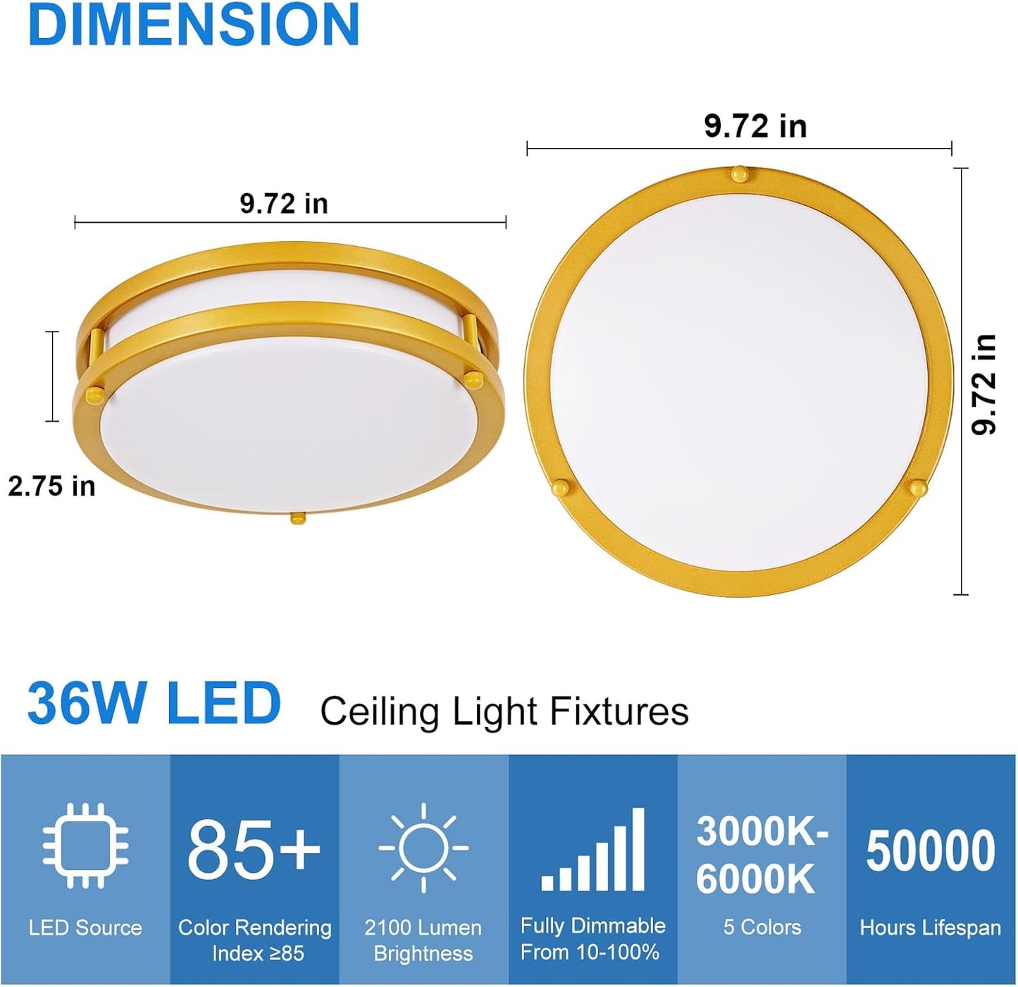 DLLT Flush Mount LED Ceiling Light: 10 Inch 5CCT (3000K-6000K) & Dimmable Ceiling Light Fixtures for Bedroom Hallway - 18W Modern Gold 1600LM Super Bright Kitchen Lighting Fixtures Ceiling