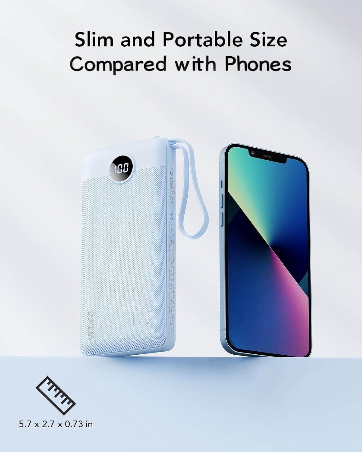 VRURC Portable Charger for iPhone, Built in Cables & Lanyard Power Bank 10000mAh, Compact USB C Charging Bank 5 Outputs for Multi Devices,Travel Essential for Hiking Camping Business Cruise Ship-Blue