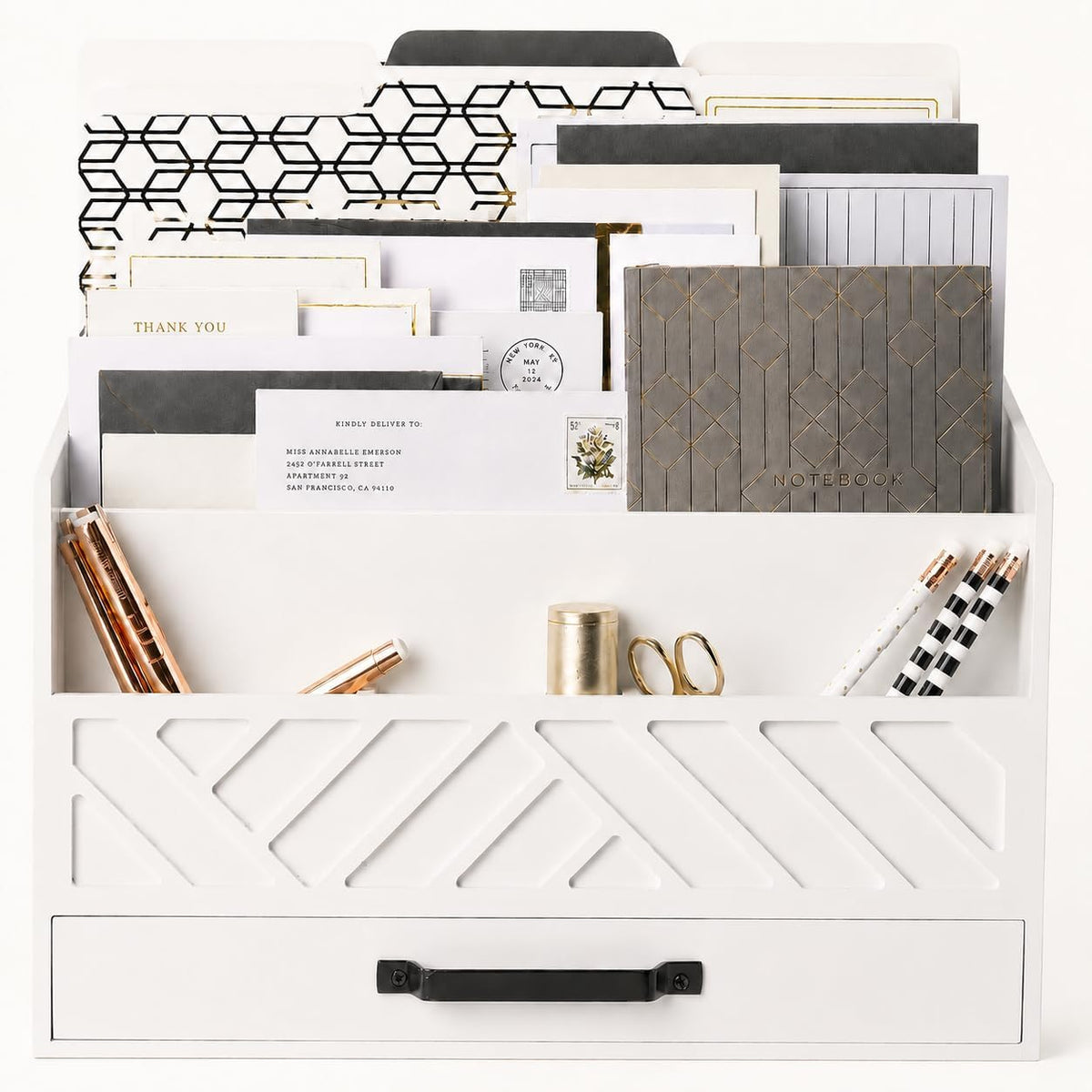 BLU MONACO | White Wooden Desk Organizer & Mail Organizer with Drawer & Gold Handle | Mail Sorter Countertop | 6 Compartments | White Desktop Organizer for Desk