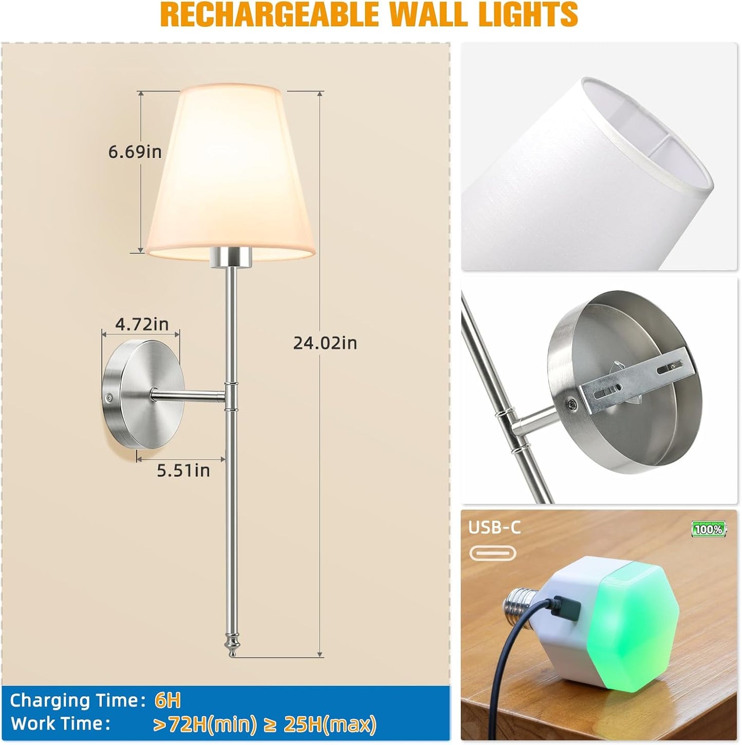 NIORSUN Battery Operated Wall Sconce Set of 2,Brushed Nickel Rechargeable Wall Lights with 10400mAh Dimmable Detachable Bulbs and Remote, 10 Colors Wireless Sconces for Bedroom Living Room Hallway