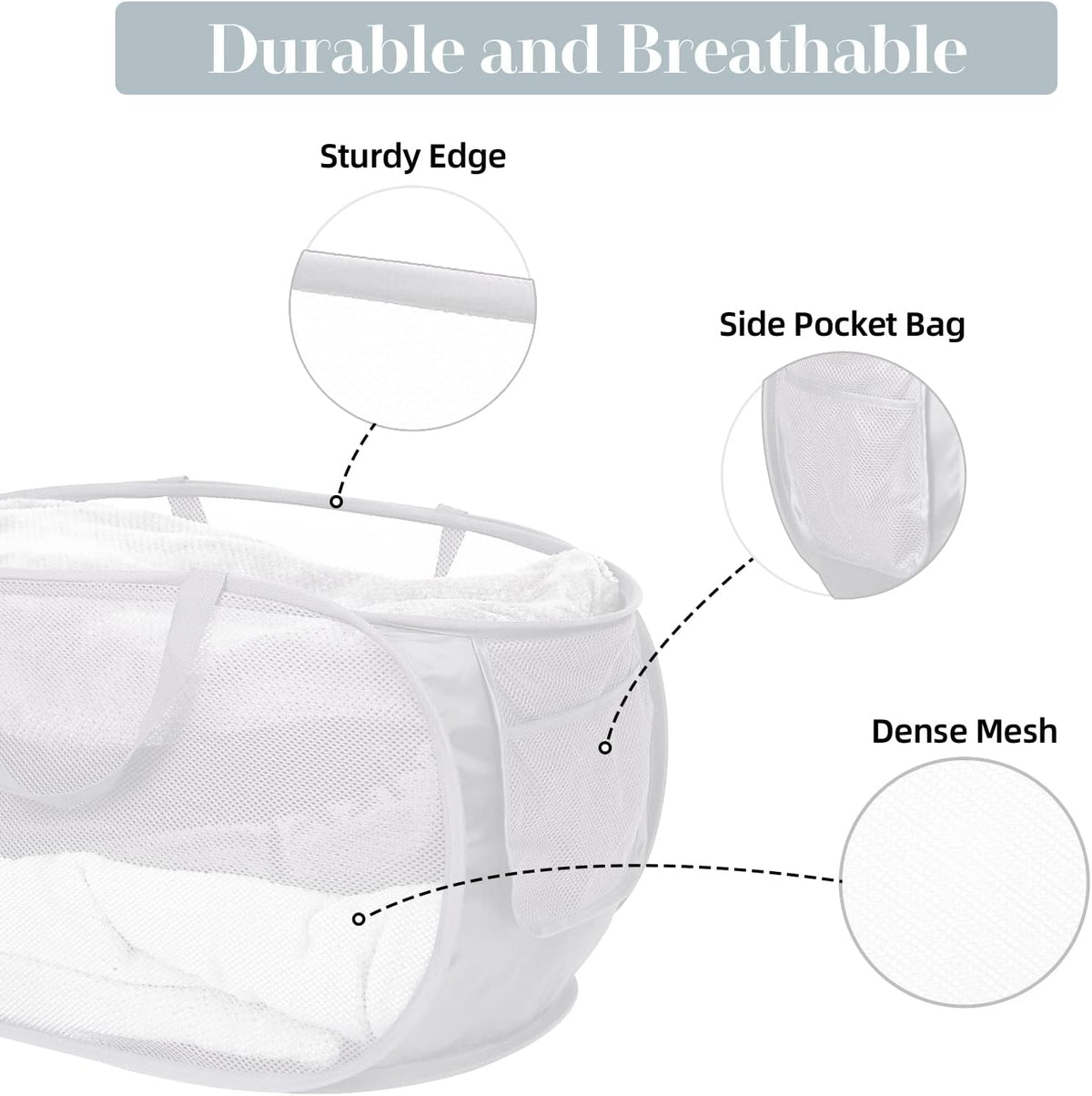 4 Pack Foldable Laundry Basket Hamper, Collapsible Laundry Baskets with Pocket, Mesh Pop Up Laundry Hamper, Clothes Hamper with Reinforced Handles for Laundry, Bathroom, Kids Room, Dorm or Travel