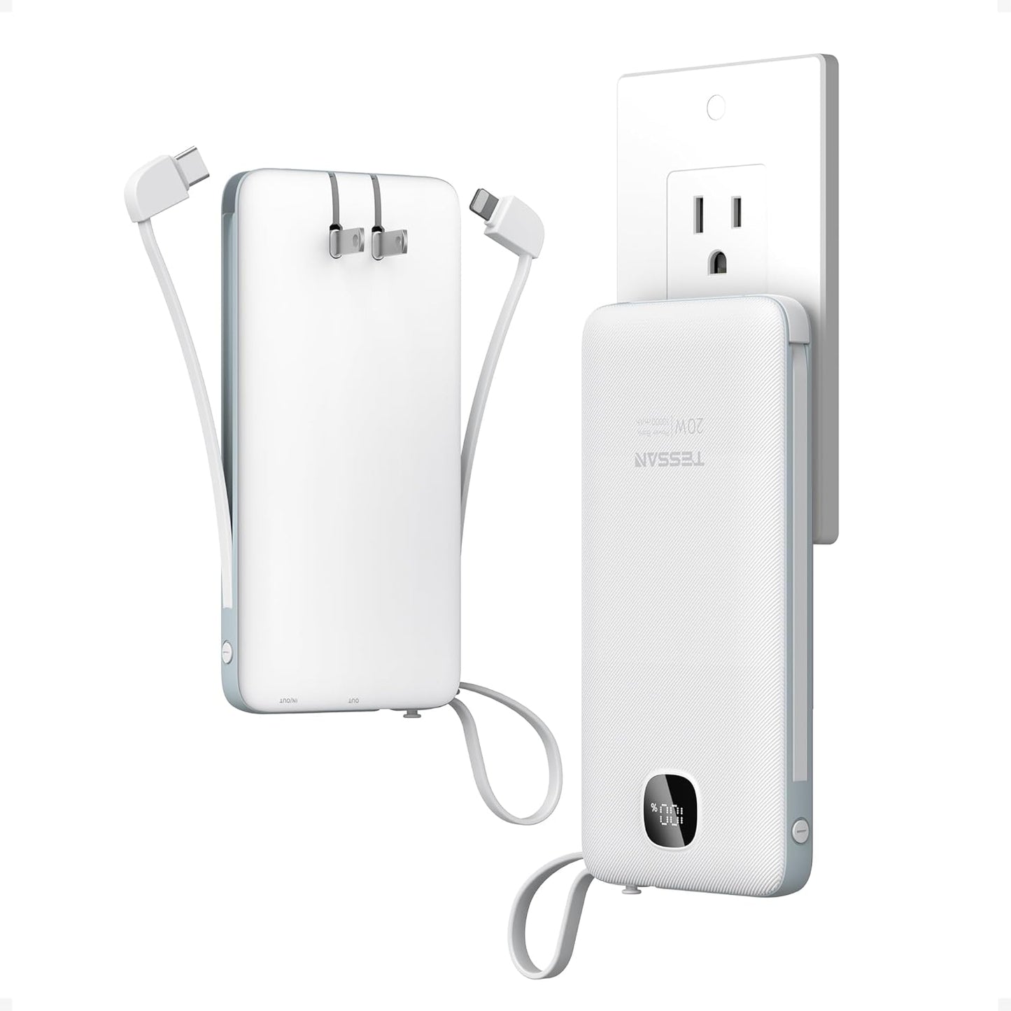 Portable Charger with Built in Cables,TESSAN 10000mAh Power Bank Fast Charging with Foldable Wall Plug Charger, PD20W Compact Battery Pack Travel Essentials for iPhone 17/16/15 Series,Samsung,Tablets