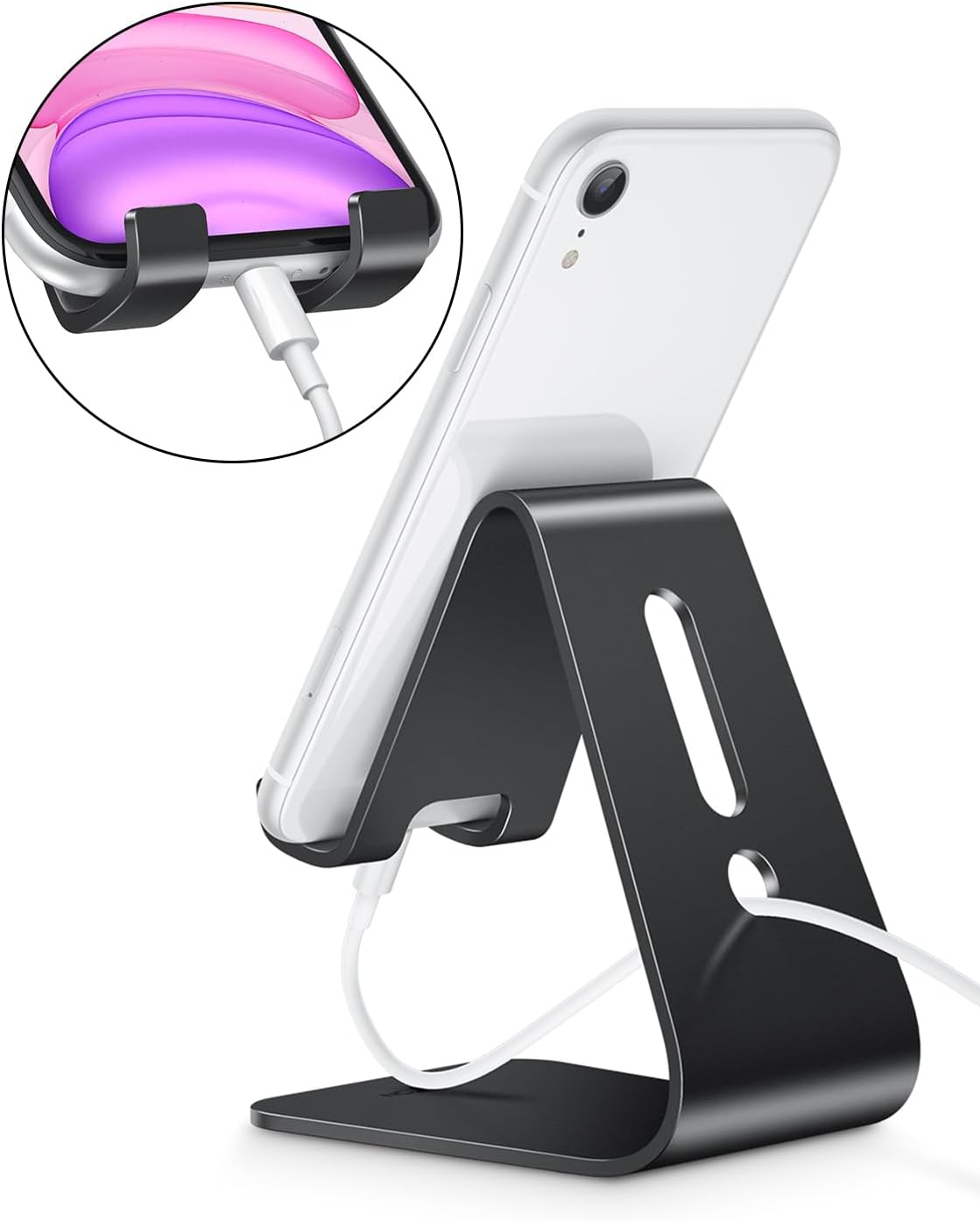 OMOTON Upgraded Aluminum Cell Phone Stand, C1 Durable Cellphone Dock with Protective Pads, Smart Stand Designed for iPhone 17 Air, 16/15/14/13 Pro Max XR XS, iPad mini, Android Phones, Black