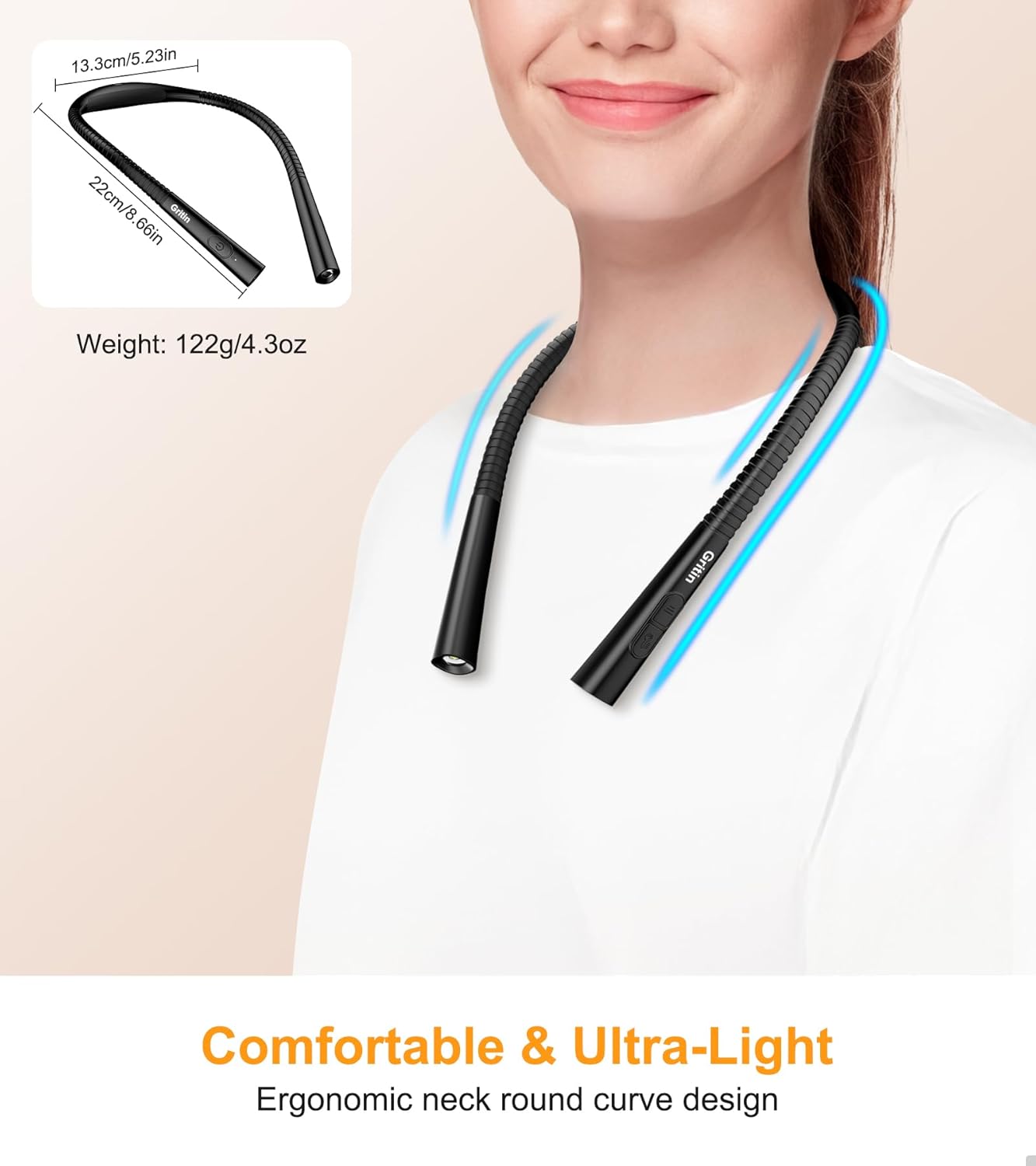 Gritin Book Light, Eye Caring 4-Color & 5-Brightness Neck Light Reading Light- Stepless Dimming,30-min Timer,80+ Hrs Runtime,Bendable Round Neck Design, Lightweight for Reading-Black