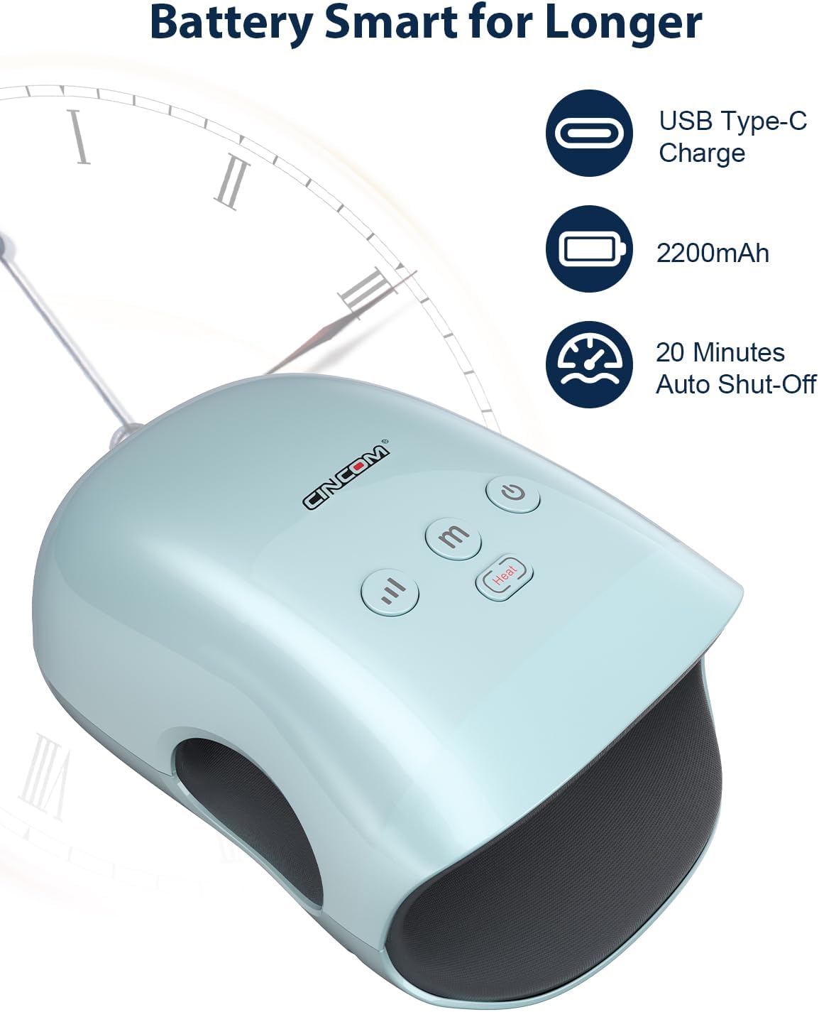 CINCOM Cordless Hand Massager with Heat and Compression, Blue