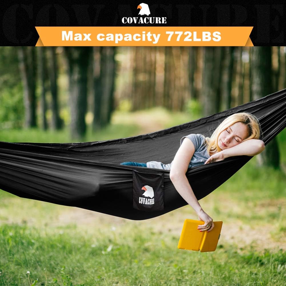 Covacure Camping Hammock - Lightweight Double Hammock, Hold Up to 772lbs, Portable Hammocks for Indoor, Outdoor, Hiking, Camping, Backpacking, Travel, Backyard, Beach (Black)