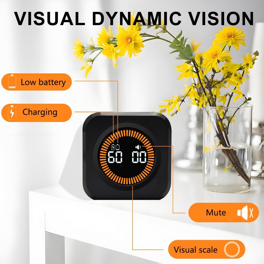 Visual Rotating Timer with 5, 10, 25 50 Minutes Preset, Desk Cube Count Down/up Timer, Rechargeable Custom-time Mute/Sound, Ideal for ADHD Work Learning Kitchen, Black