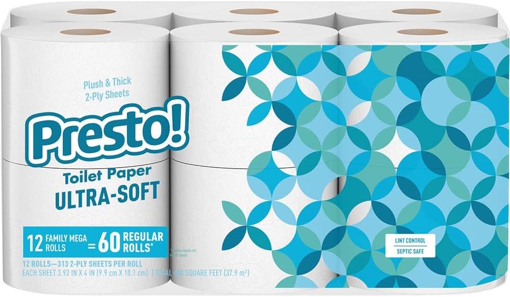 Amazon Brand - Presto! 2-Ply Ultra-Soft Toilet Paper, 12 Family Mega Rolls = 60 Regular Rolls, Unscented, 313 Sheets Per Roll