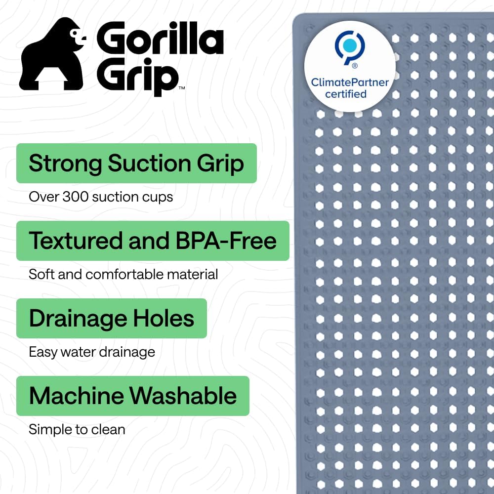 GORILLA GRIP Patented Bath Tub Shower Mat, Machine Washable Bathtub Floor Liner Mats, Suction Cups and Drain Holes to Keep Tubs Clean, Soft on Feet, Bathroom Essentials, 35x16 Inch, Sky Blue Opaque