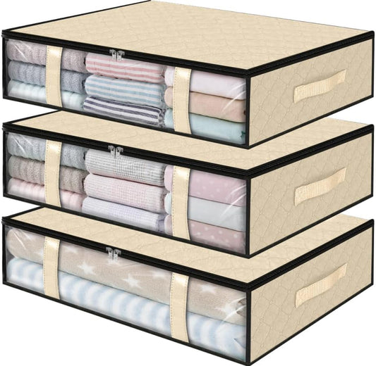 StorageRight Under Bed Storage Bags 3 Pack, 40L Large Clothes & Comforter Storage Containers with Clear Window, Breathable Fabric Organizer for Blankets, Bedding, Seasonal Clothing, Beige