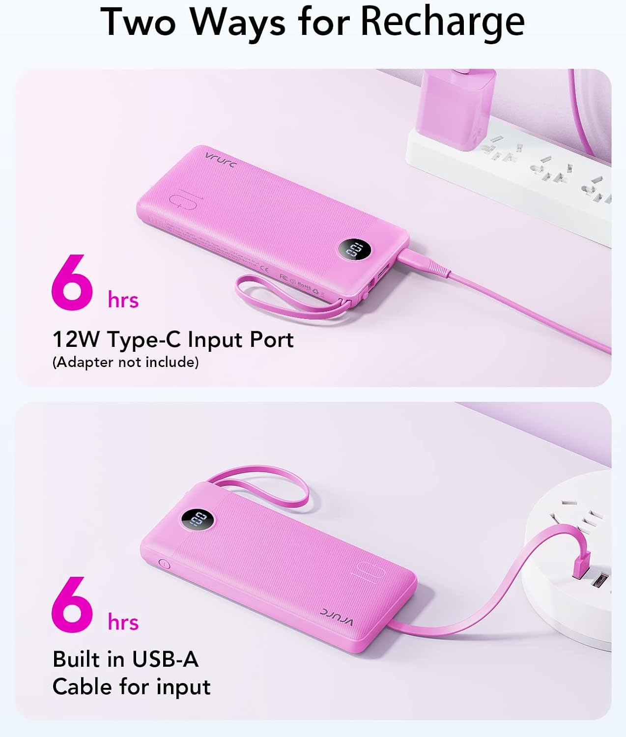 VRURC Portable Charger, Built-in 4 Cables Power Bank 10000mAh, Lightweight USB C Portable Phone Charger, 5 Output 2 Input Compatible with Smart Phones,Samsung,Android etc-Purple(1 Pack)