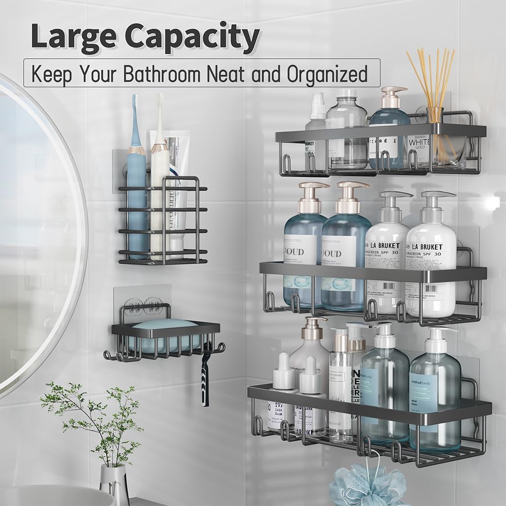 Liuoud 5 Pack Shower Caddy Organizer Rack Shelf for Inside Shower, Self Adhesive Bathroom Wall Storage Basket Rustproof Stainless Steel Large Capacity Shampoo Holder, Dark Grey