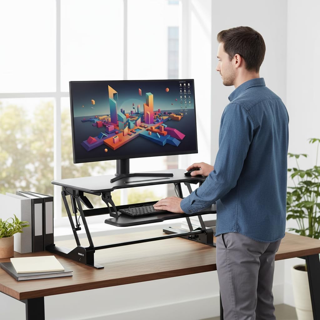 Mount-It! 38 Inch Standing Desk Converter - Gas Spring Sit Stand Desk Riser for Dual Monitors - Height Adjustable Desktop Workstation with Keyboard Tray - Black