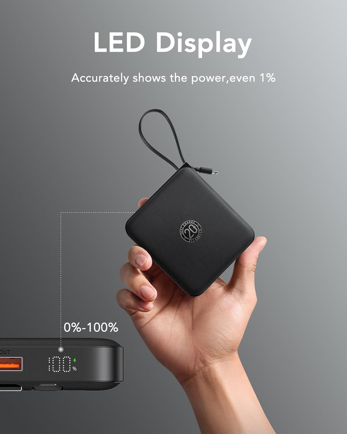 VRURC Portable Charger with Built-in Cables, 10000mAh 22.5W Fast Charging USB C Power Bank with LED Digital Display, Slim Battery Pack for iPhone 17/16/15 & Samsung Galaxy & Android Phones (Black)