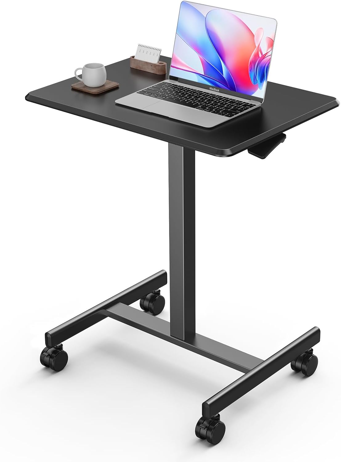 DUMOS Small Rolling Desk Mobile Standing Portable Laptop PC Table with Wheels Adjustable Height Computer Workstation for Home Office, Compact Small Space, Easy Assembly, Modern Black