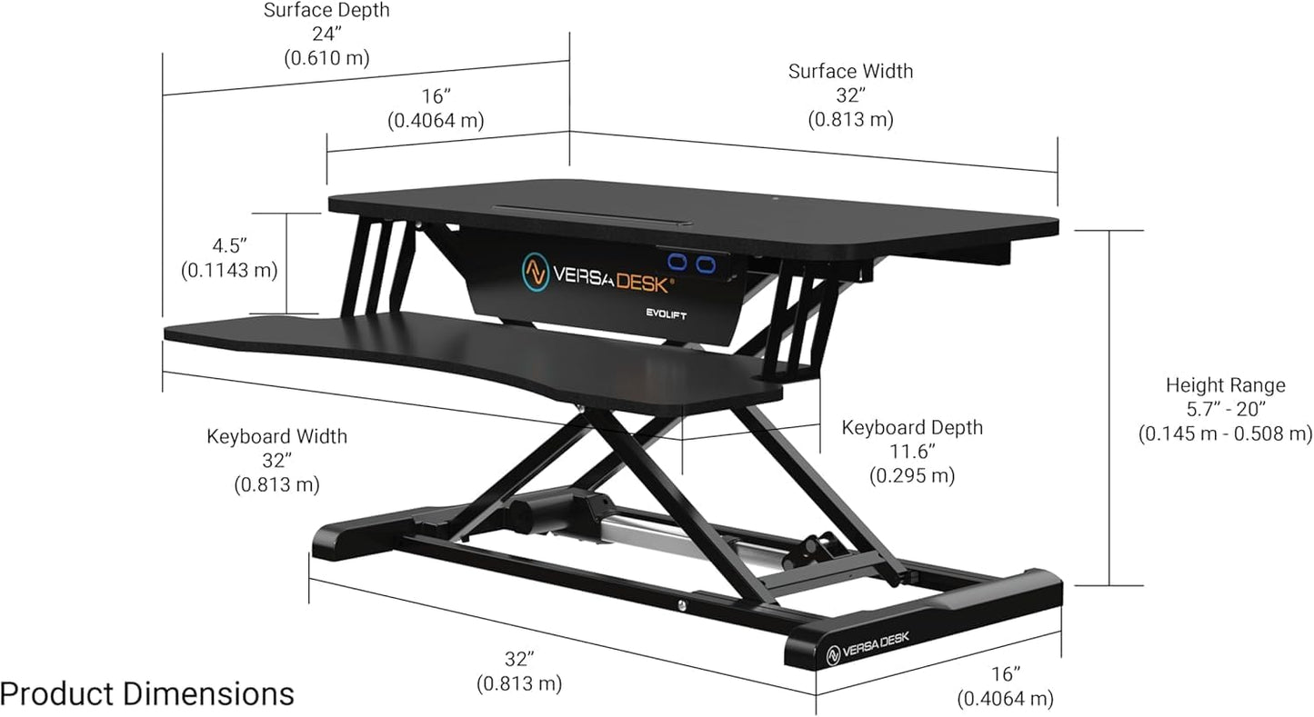 VERSADESK EvoLift 32" Electric Standing Desk Converter, Sit to Stand Motorized Desk Riser, 1-Button Easy Lift, Dual Monitor Workstation, Wide Keyboard Tray, Built-in Device Stand, Black