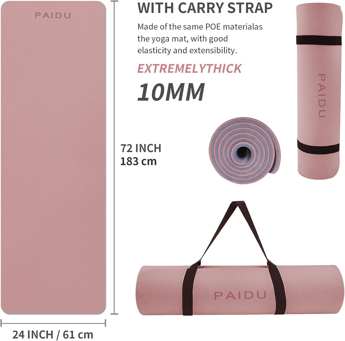 PAIDU POE Yoga Mat （10mm）Extra Thick Fitness Mat 72"x24" with Carry Strap