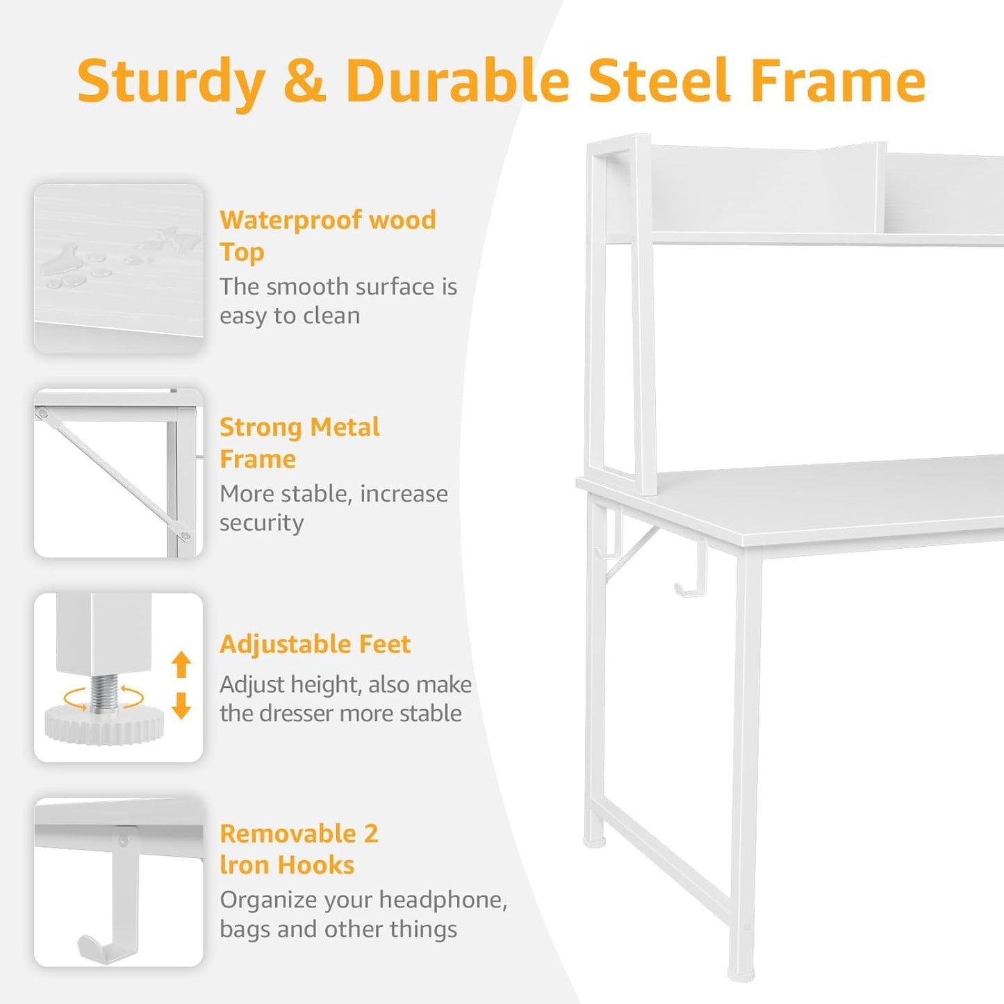 DLisiting White Computer Desk with Hutch & Drawers - 47 Inch Modern Study Writing Office Desk with 3 Storage Drawers and Power Outlets for Bedroom Home Office