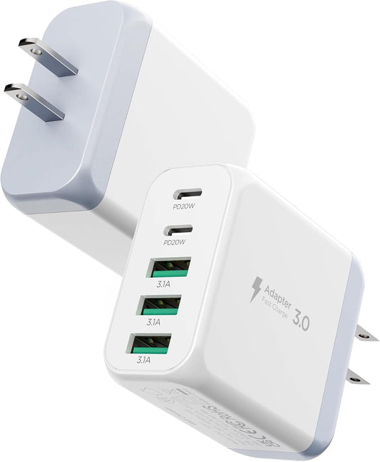 EIZLXQ USB C Charger Block,50W 5-Port Fast Wall Charger,Dual Type-C & USB-A Multiport Charging Cube for iPhone 17/16/15/14/13 Pro Max,iPad,Samsung Galaxy–2 Pack,White
