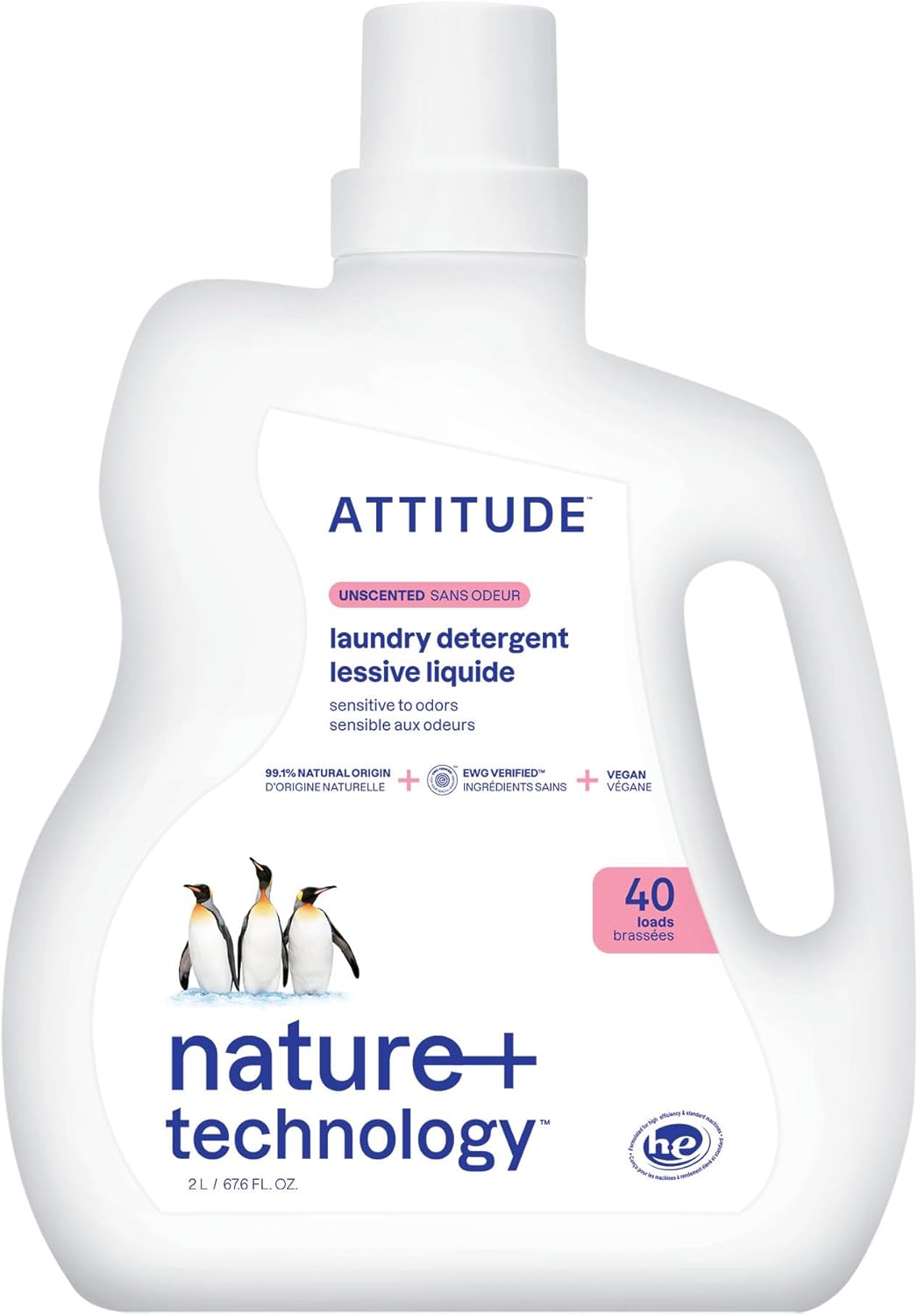 ATTITUDE Liquid Laundry Detergent, EWG Verified, HE Compatible, Plant-Based & Vegan, Natural Laundry Soap, Mountain Fresh Scent, 40 Loads, 67.6 Fl Oz