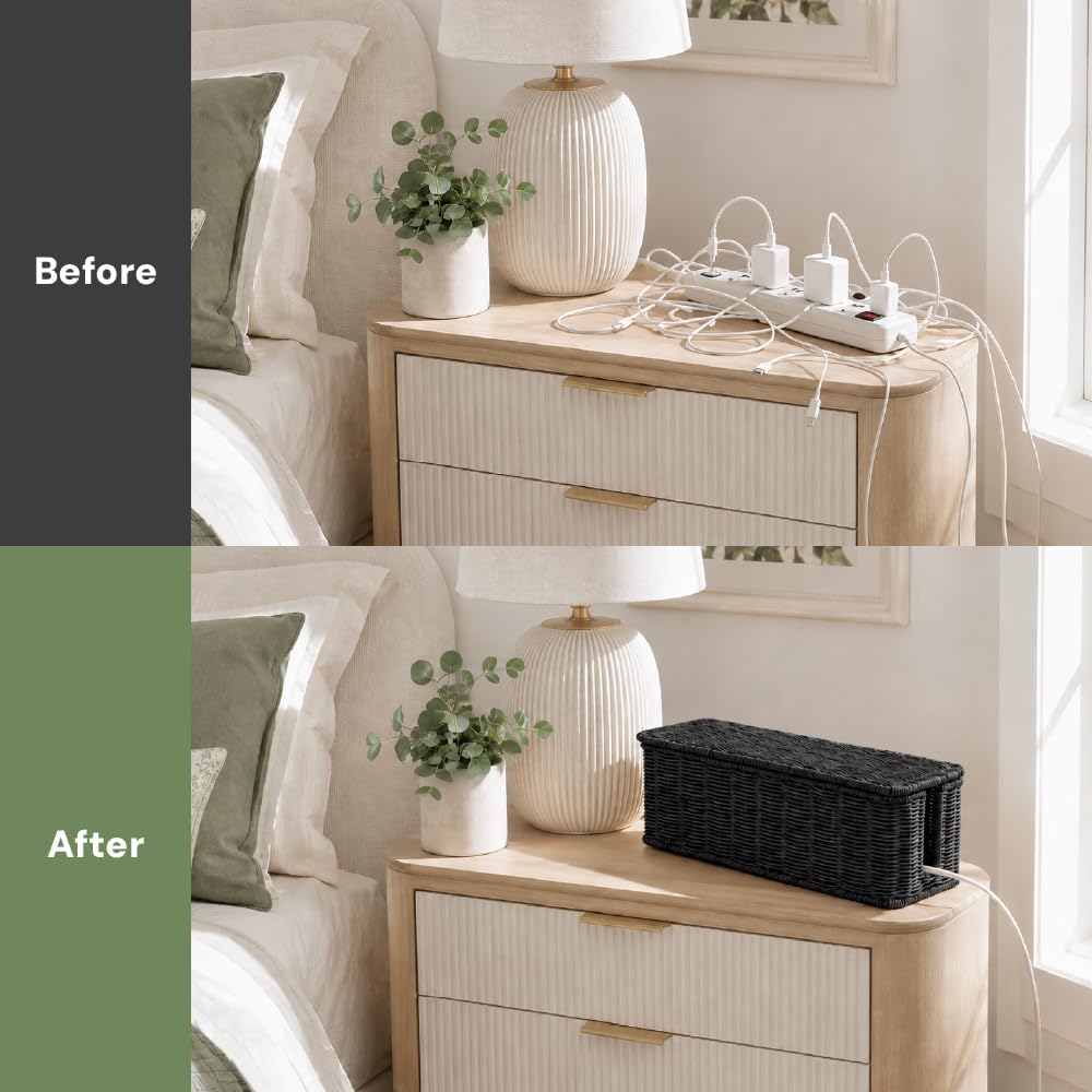 Cable Management Box, Handmade Rattan Cord Organizer for Power Strip | Open Slots Cord Hider for Power Strip, Router & USB Hub, Registered U.S. Design Patent