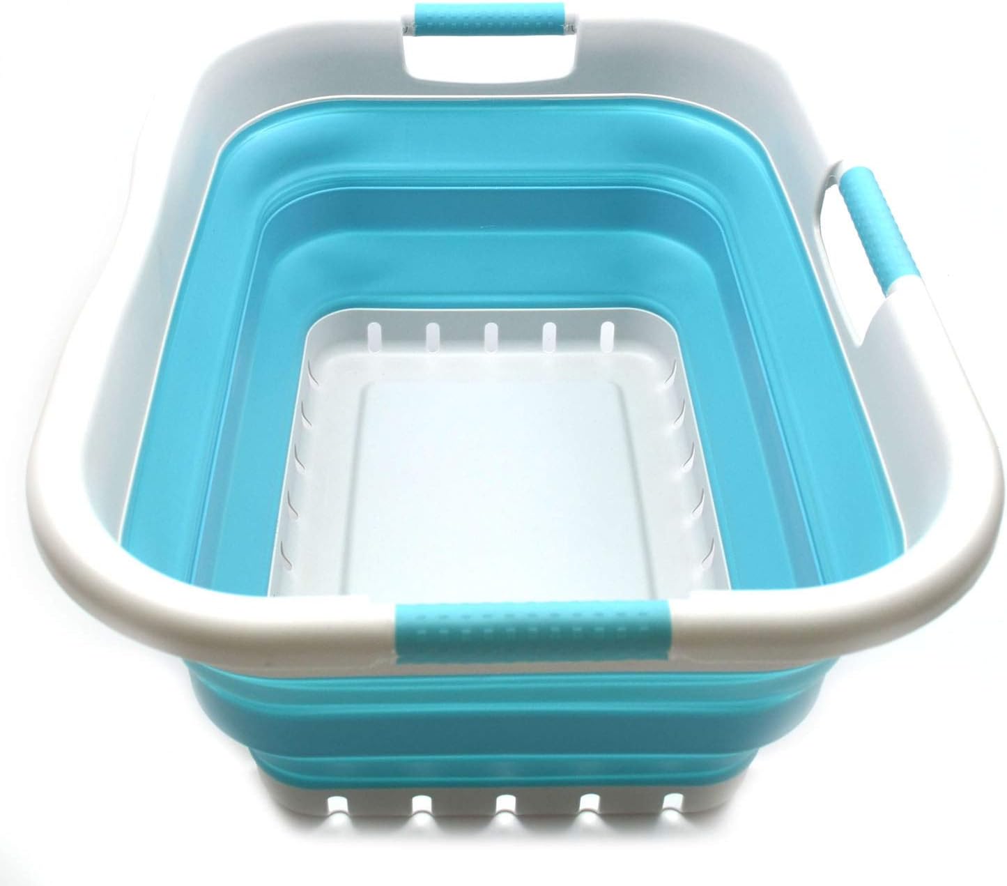 SAMMART 41L (10.8 gallon) Collapsible Plastic Laundry Basket - Foldable Pop Up Storage Container/Organizer - Portable Washing Tub - Space Saving Hamper/Basket (3 handled rectangular, Grey/Bright Blue)