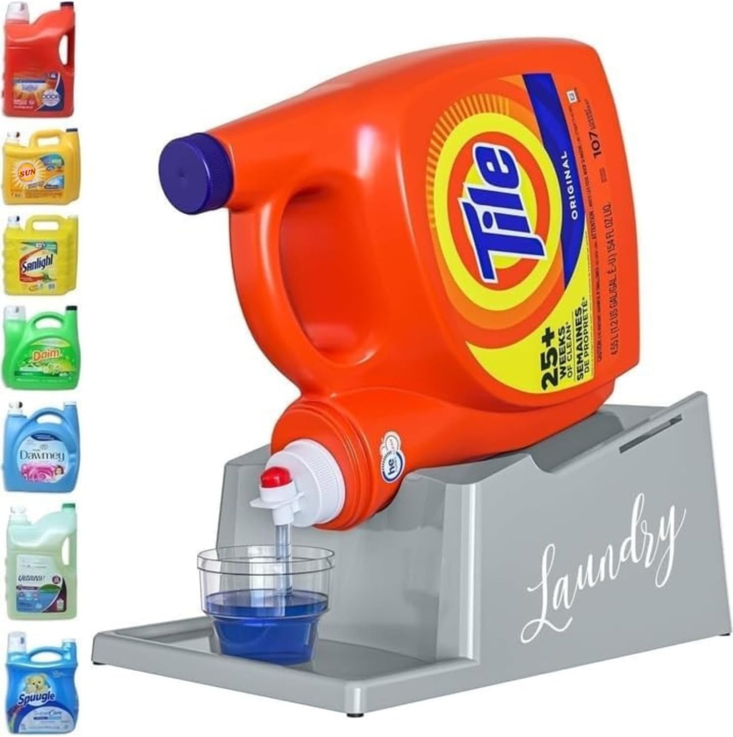 TidyFriend Liquid Laundry Detergent Holder Stand with Drip Tray & Rubber-Grip Feet, Stand for Laundry Room Organization and Storage, Fabric Softener Dispenser with Cup Holder (Black with Print)