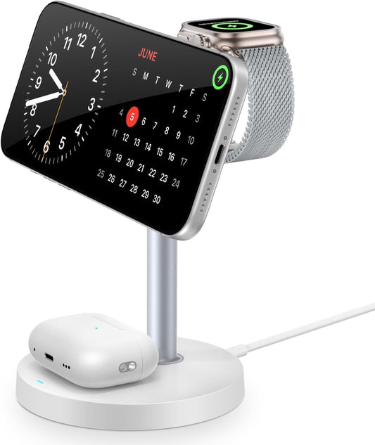 3 in 1 Magnetic Wireless Charging Station, 15W Charger for iPhone, White | Compatible with iPhone 12-17 Series, Apple Watch & AirPods, Charges 3 Devices Together, 18W Adapter Included, 3-Year Warranty