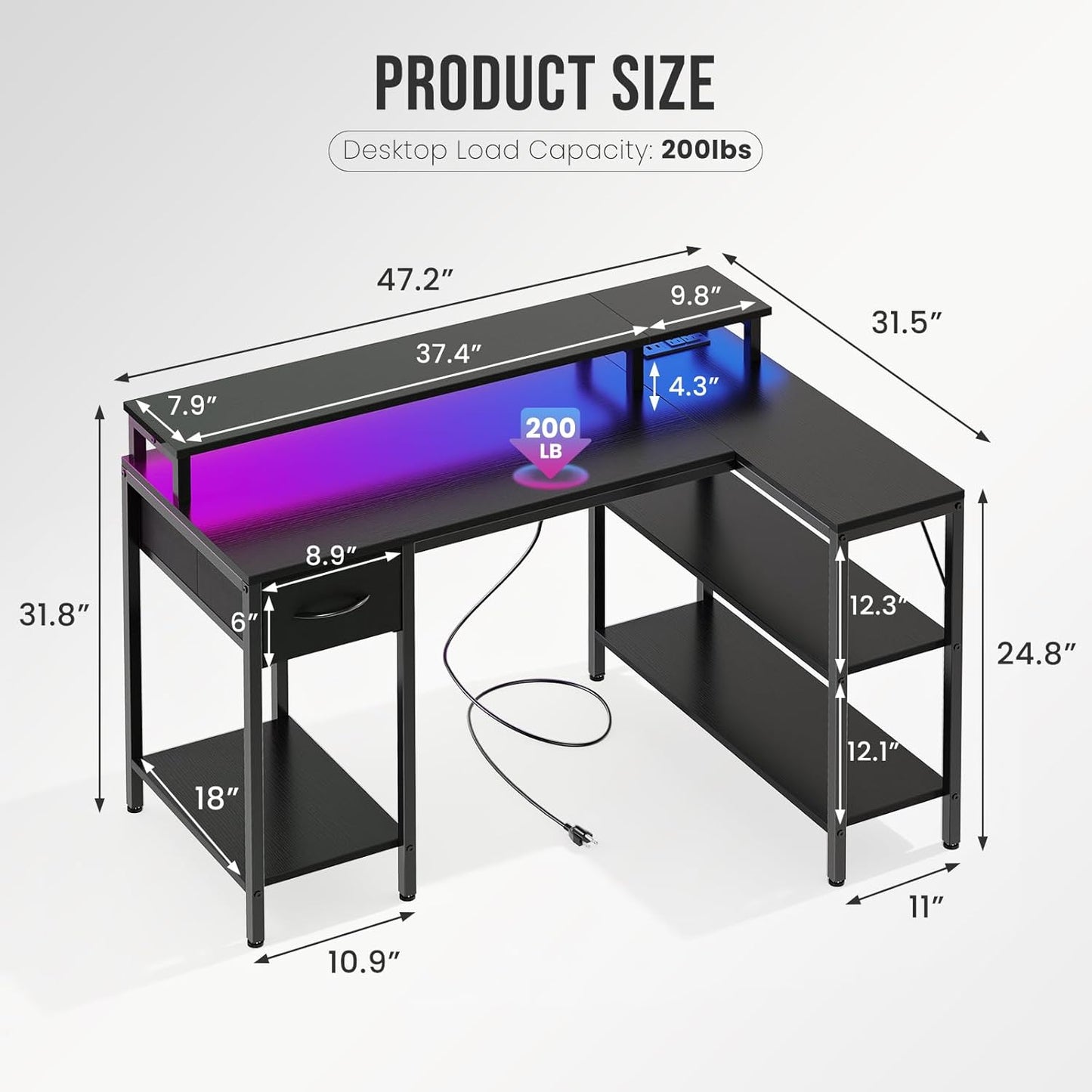 DUMOS 47” Gaming Desk with USB Charging Ports & LED Lights, Reversible L Shaped Desks Computer Corner Gamer Table with Power Outlets Monitor Stand Storage Shelves for Home Office Small Space, Black