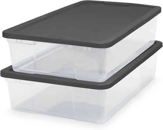 HOMZ 2-Pack Snaplock, Small Clear Plastic Storage Organizer Bins w/ Lids, 28 Quart, Gray - Stackable Container Boxes for Bedroom, Bathroom, Garage, and Office Organization