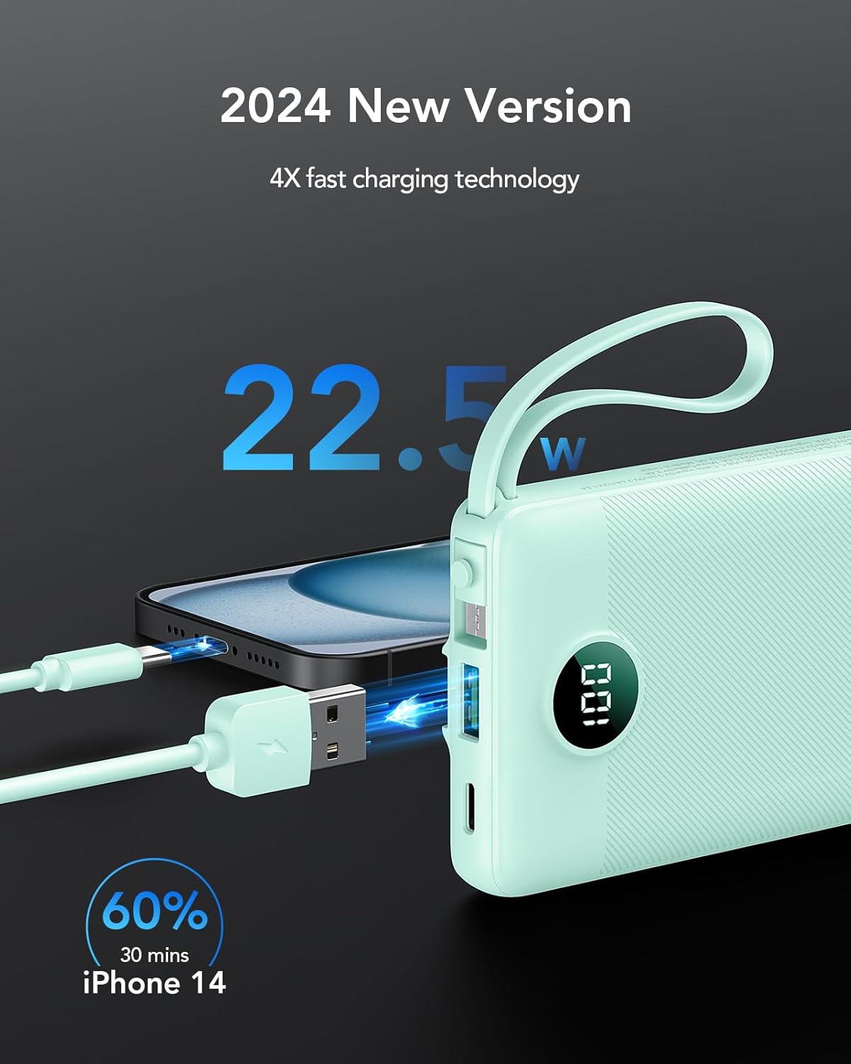 VRURC Portable Charger, 22.5W Fast Charging Power Bank Built‑in 4 Cables, 10000mAh Slim Lightweight Travel Battery Pack for iPhone, Samsung & Multi Devices, Pocket‑Friendly with Lanyard-Green(1 Pack)