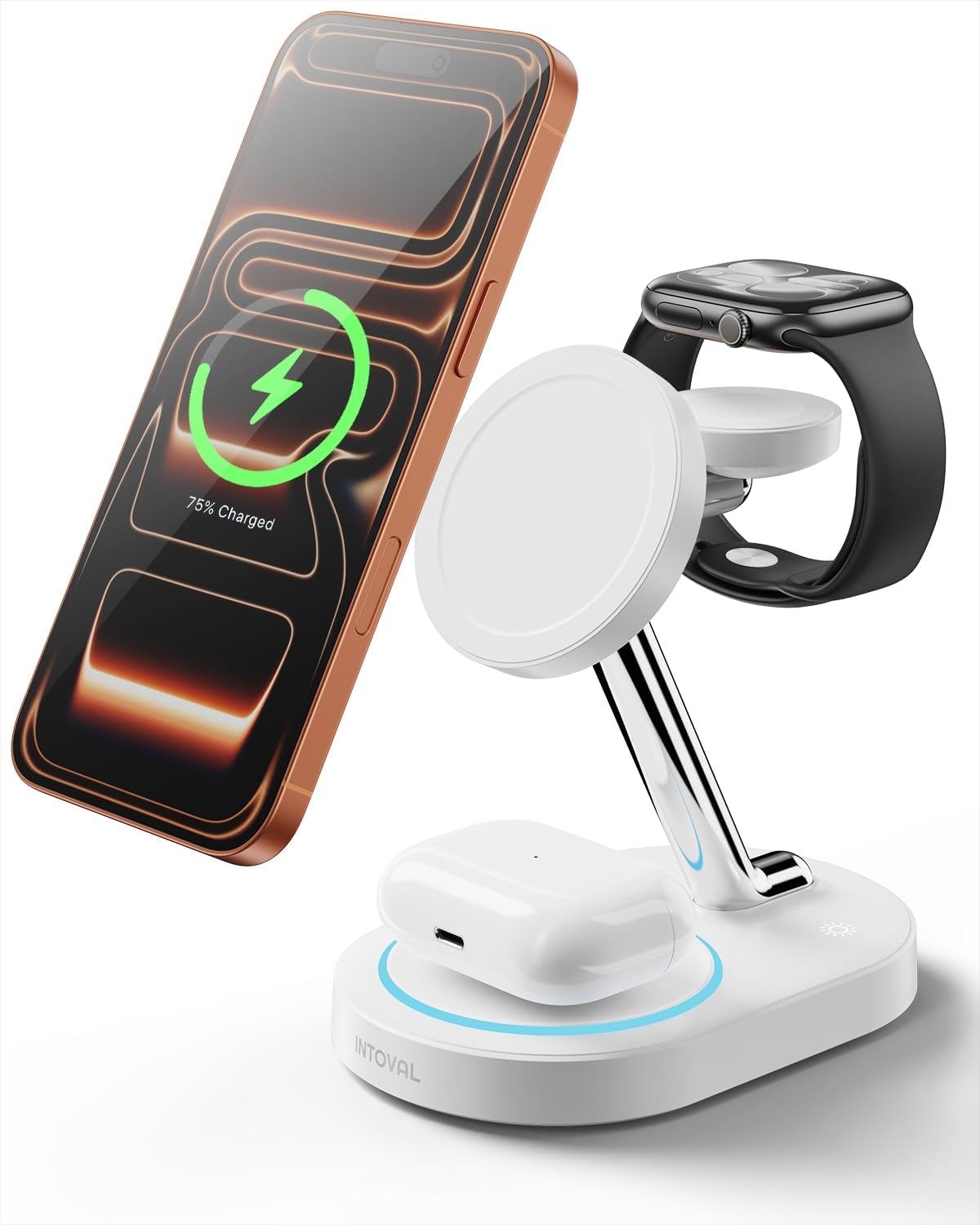 Intoval Fast Charging Station for Magsafe Apple Devices, Wireless Charger for MagSafe iPhones, 3 in 1 Magnetic Charger Stand for iPhone16/15/14/13, Apple Watch & AirPods