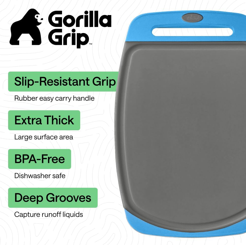 GORILLA GRIP BPA-Free Reversible Kitchen Cutting Board Set of 3, US Designed, Nonporous, Juice Grooves Catch Liquid, Slip Resistant Border, Dishwasher Safe, Durable Food Chopping Boards, Gray Aqua