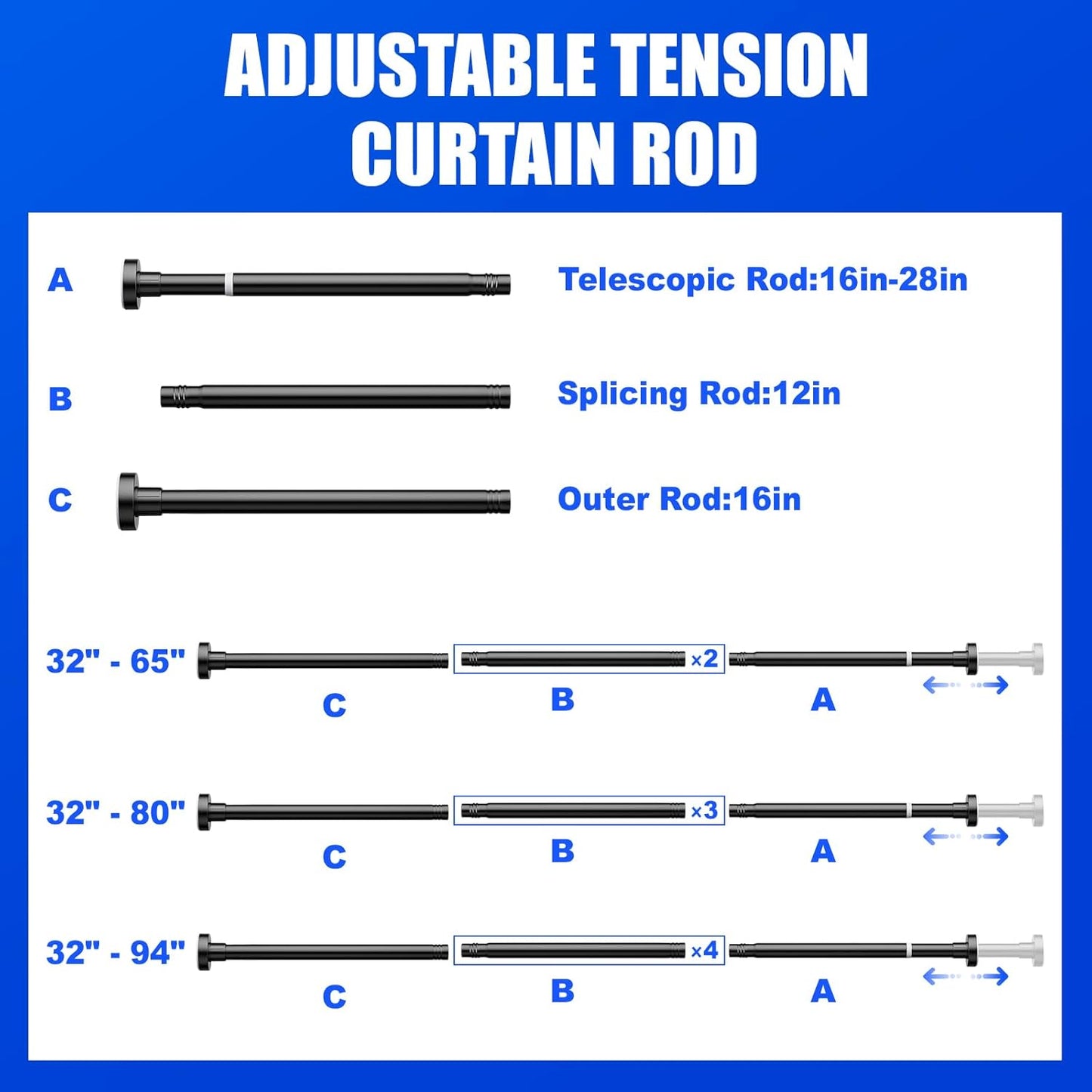 Ausemku Shower Curtain Rod 32-80 Inch Adjustable - Heavy Duty No drill Spring Tension Shower Rod, Non-Slip Rustproof Telescopic Rod for Bathroom, Black