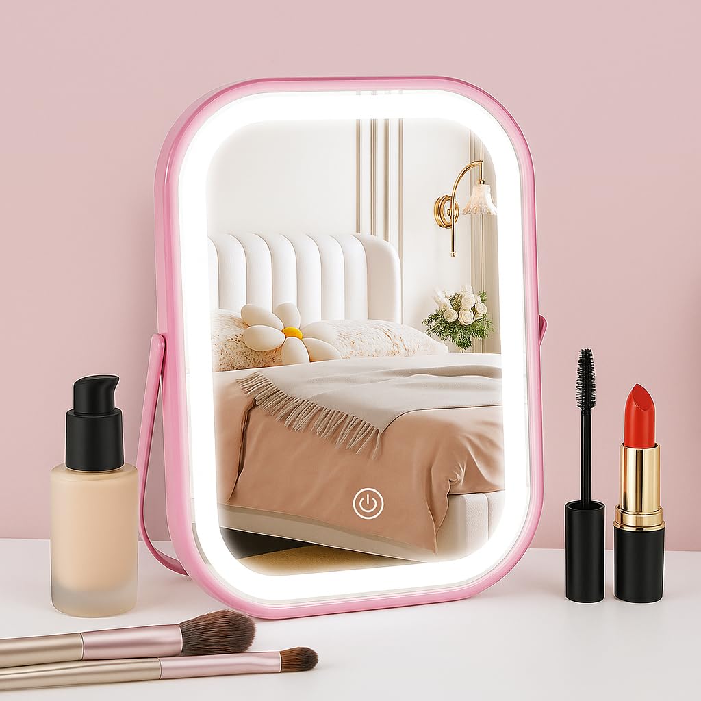 YEKKOPT Lighted Vanity Mirror, Rechargeable Travel Makeup Mirror with Lights, 8''x6'' Desk Mirror with Lights,Make up Mirror with Lighting for Makeup Desk ＆ Dressing Room