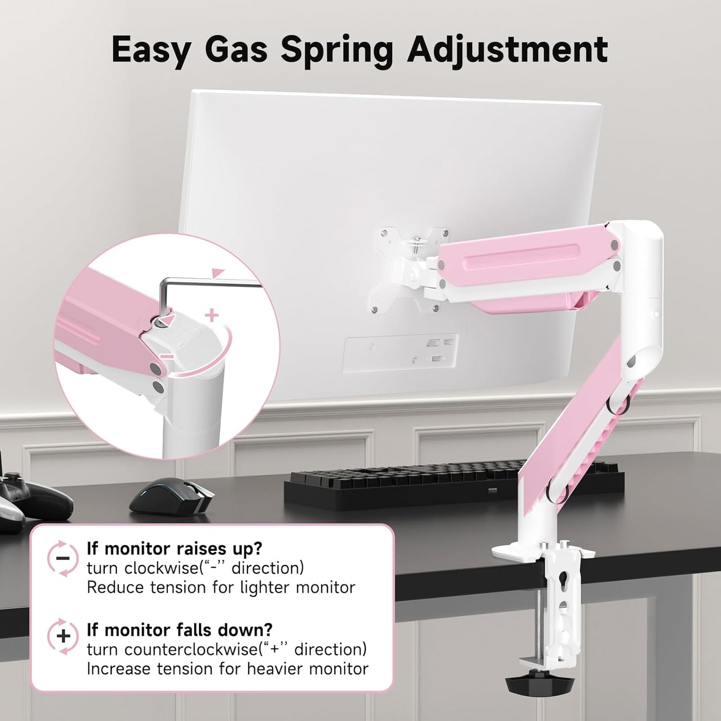 Suptek Monitor Mount Gas Spring Monitor Arm Desk Mount Fully Adjustable Fits 17 20 22 23 24 26 27 32 35 inch Monitors Weight Capacity up to 24.25 lbs, Pink