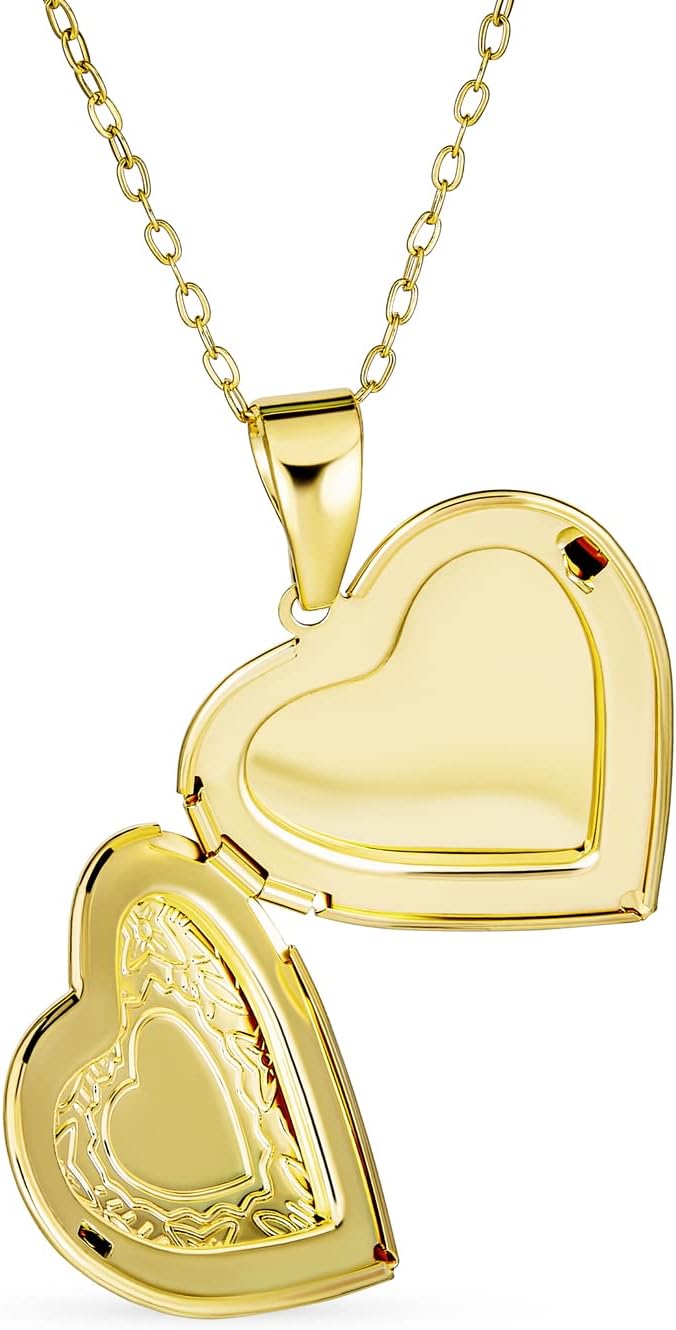 Vintage Style Leaf Etched Heart Photo Locket Necklace 18K Gold Plated