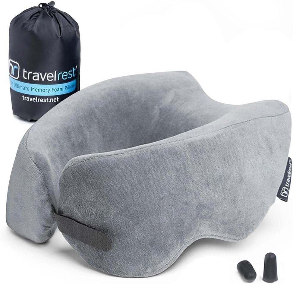 travelrest Sleep Neck Pillow Travel - Travel Essentials, Memory Foam, Neck Support Pillow for Long Flight, Plane Sleeping Accessories, Anti-Slip and Comfortable, Washable, Attaches to Luggage - Gray