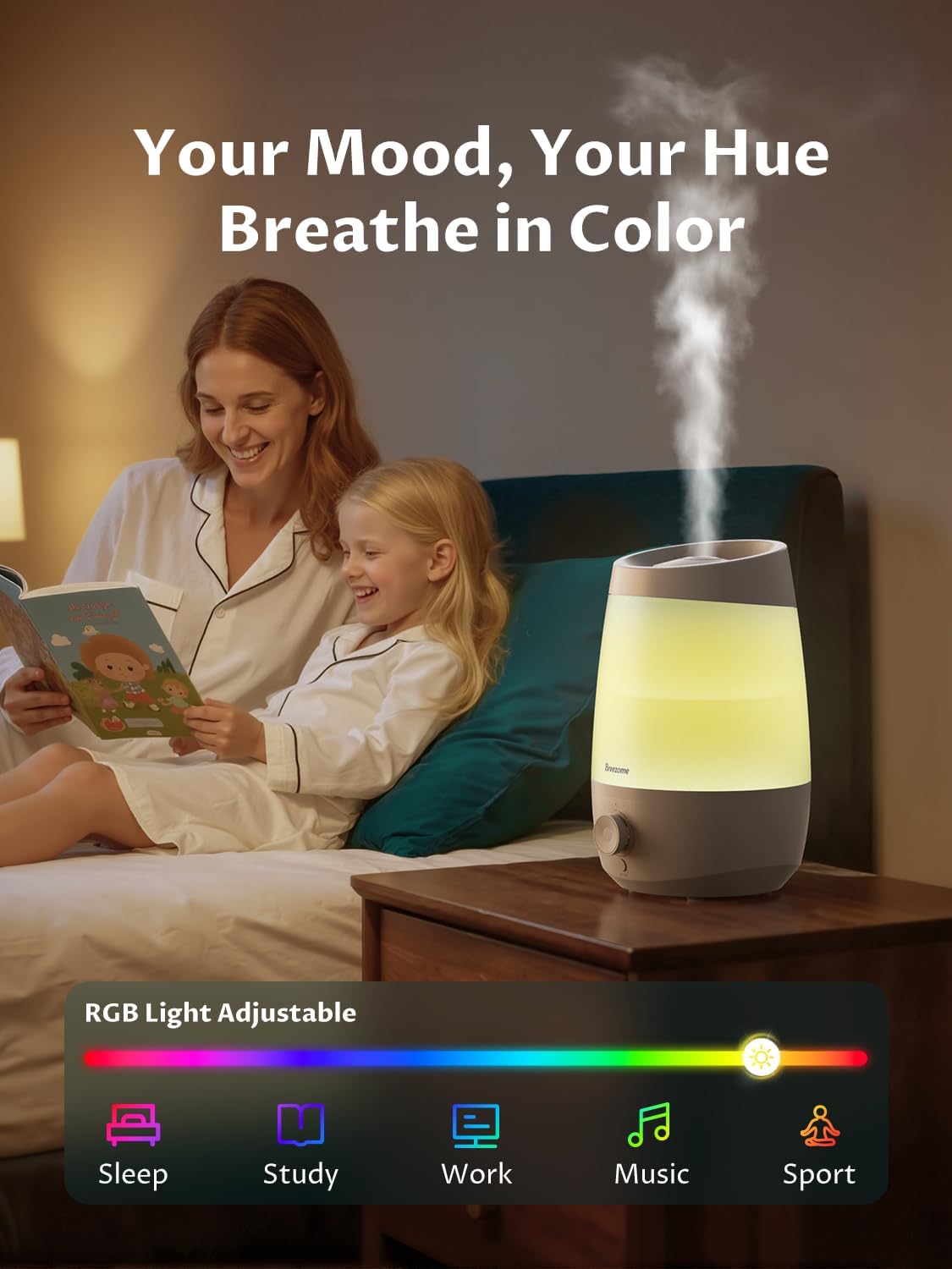 BREEZOME 2.5L Top Fill Humidifiers for Bedroom, 250ml/h Mist Output, 25hrs Humidifiers for Home, 7 Adjustable LED, Essential Oil Diffuser, 25dB Ultrasonic Humidifier for Baby and Indoor Plants, White