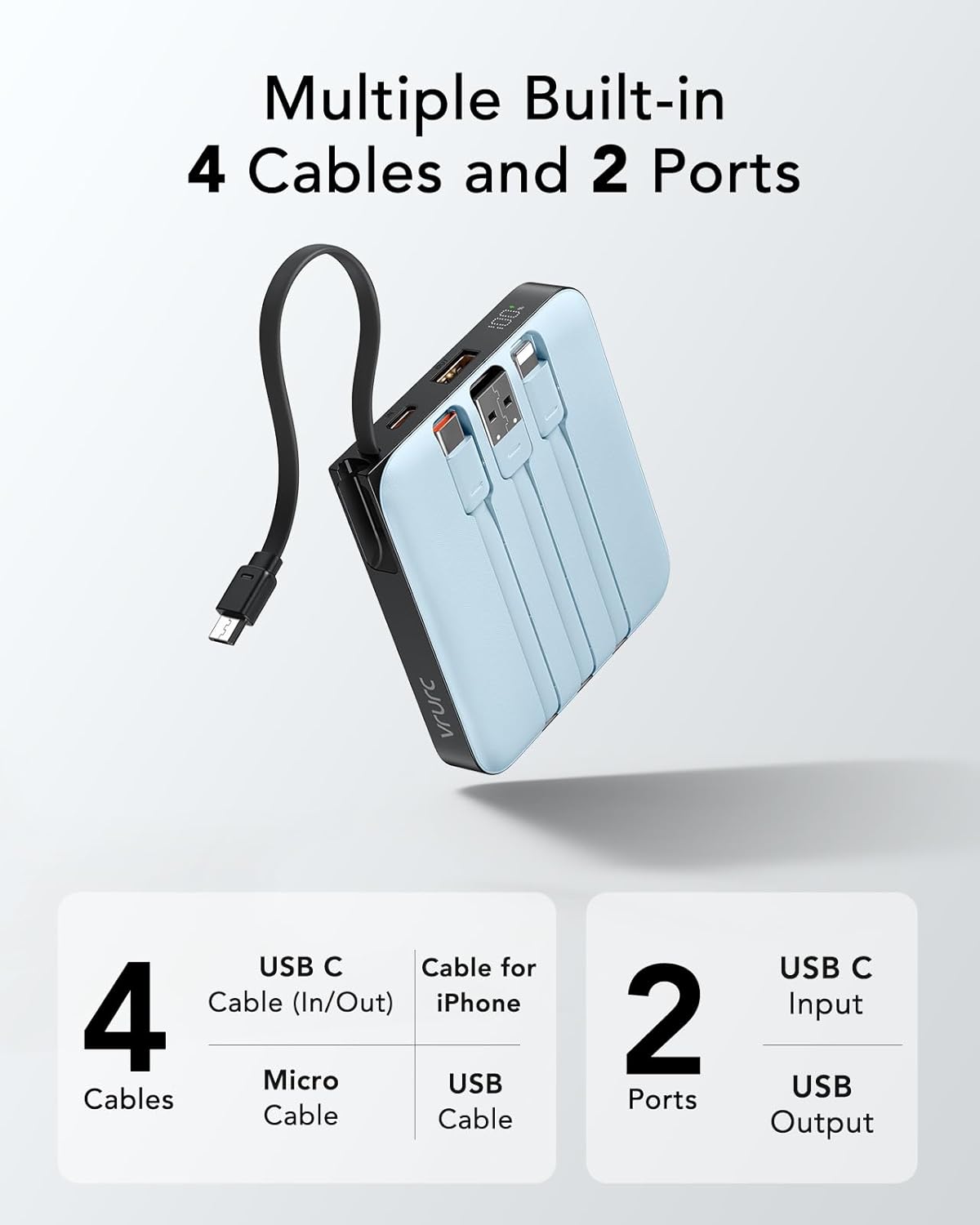 VRURC Portable Charger for iPhone with Built-in Cable, 10000mAh 22.5W Fast Charging USB C Battery Pack, Cell Phone Power Bank for iPhone 17 16 15 & Samsung Galaxy Series (Blue)