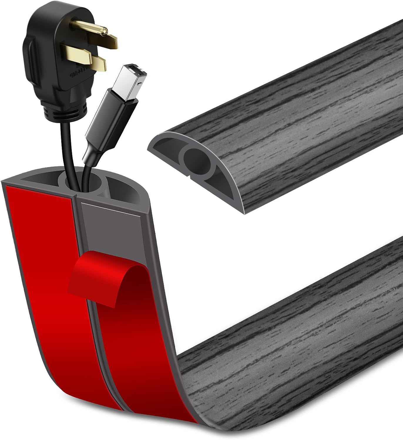LSGCQ Floor Cord Cover Self Adhesive Cord Hider Floor Cable Management | Cord Covers for Wires on Floor Cable Cover, Prevent Cable Trips, Cable Cavity 0.32" W x 0.32" H, 20Ft, Deep Grey Wood
