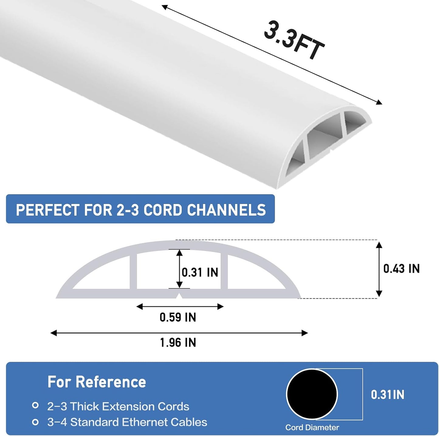LSGCQ Floor Cord Cover Self Adhesive Cord Hider Floor Cable Management | Cord Covers for Wires on Floor Cable Cover, Prevent Cable Trips, Cable Cavity 0.59" W x 0.31" H, 3.3Ft, White