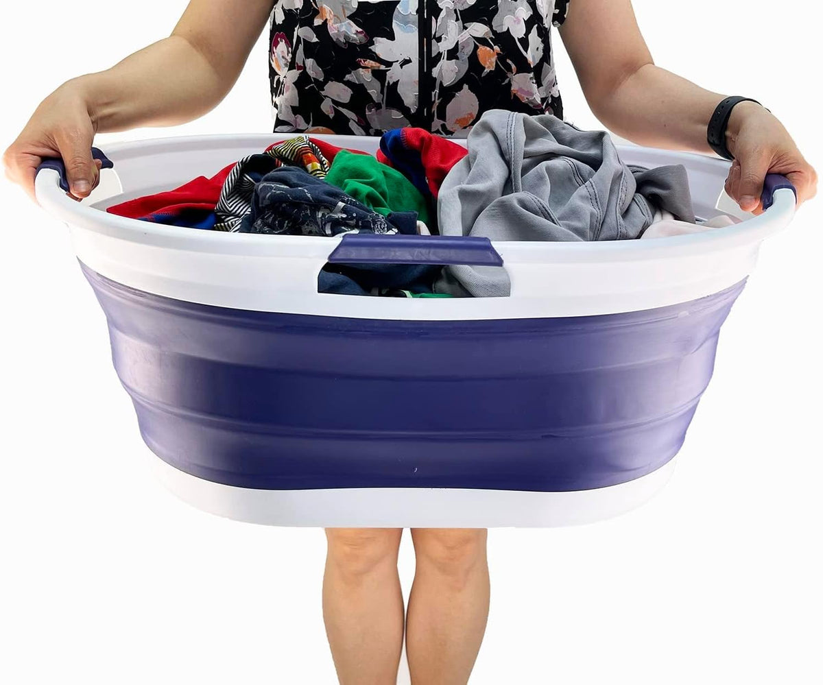 SAMMART 44L (11.6 Gallon) Collapsible Plastic Laundry Basket - Foldable Pop Up Storage Container/Organizer - Portable Washing Tub - Water Capacity: 35L(9.2 Gallon) (1, White/Navy Blue)
