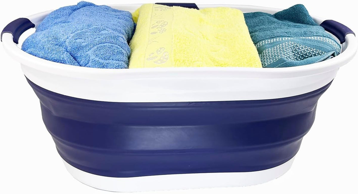 SAMMART 44L (11.6 Gallon) Collapsible Plastic Laundry Basket - Foldable Pop Up Storage Container/Organizer - Portable Washing Tub - Water Capacity: 35L(9.2 Gallon) (1, White/Navy Blue)
